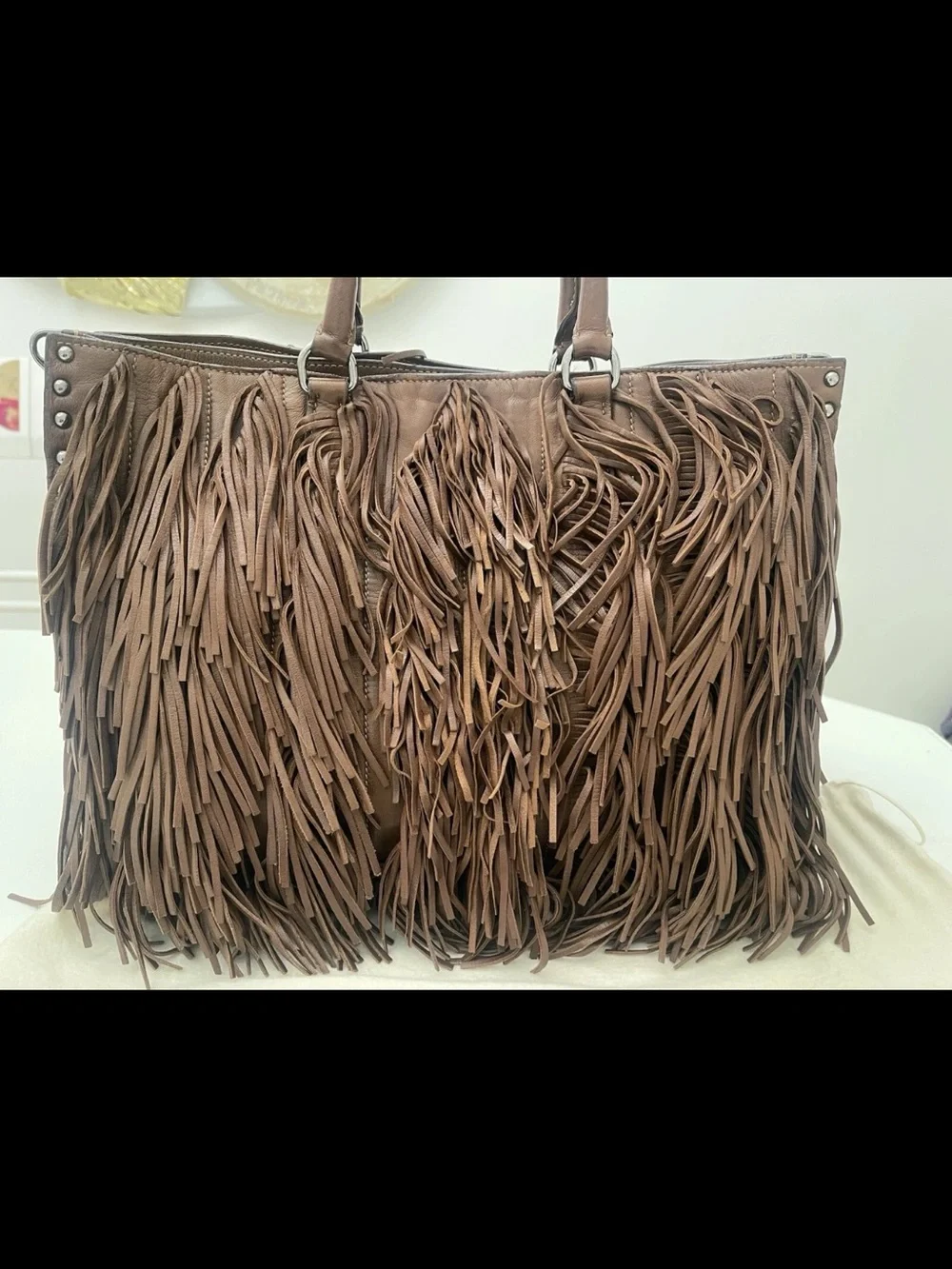 Prada large Brown Leather Fringe tote with Shoulder Strap studs